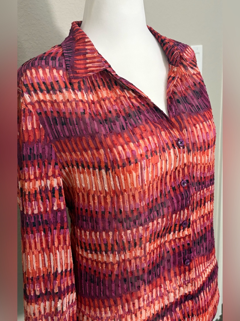 Chico's Pink Purple Orange Button Down Long Sleeve Fall Shirt Size 14